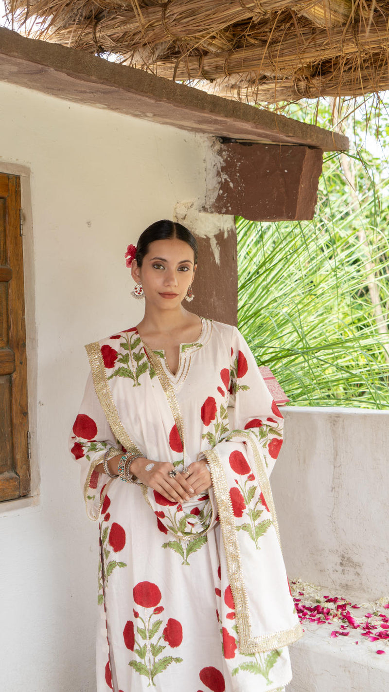 Saundh Red and White hand block printed mughal boota salwar set cotton by Maison Shefali in multi color for women Worldwide