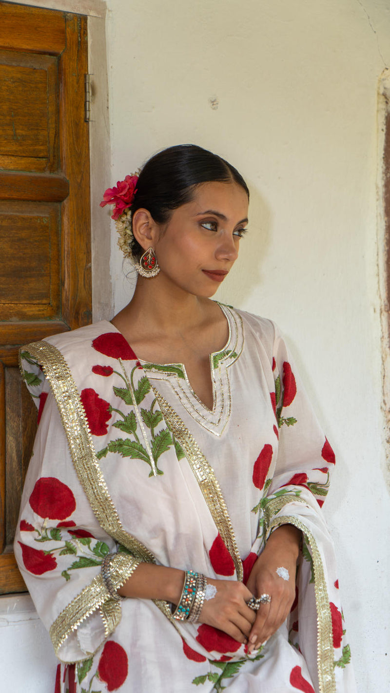Saundh Red and White hand block printed mughal boota salwar set cotton by Maison Shefali in multi color for women Worldwide