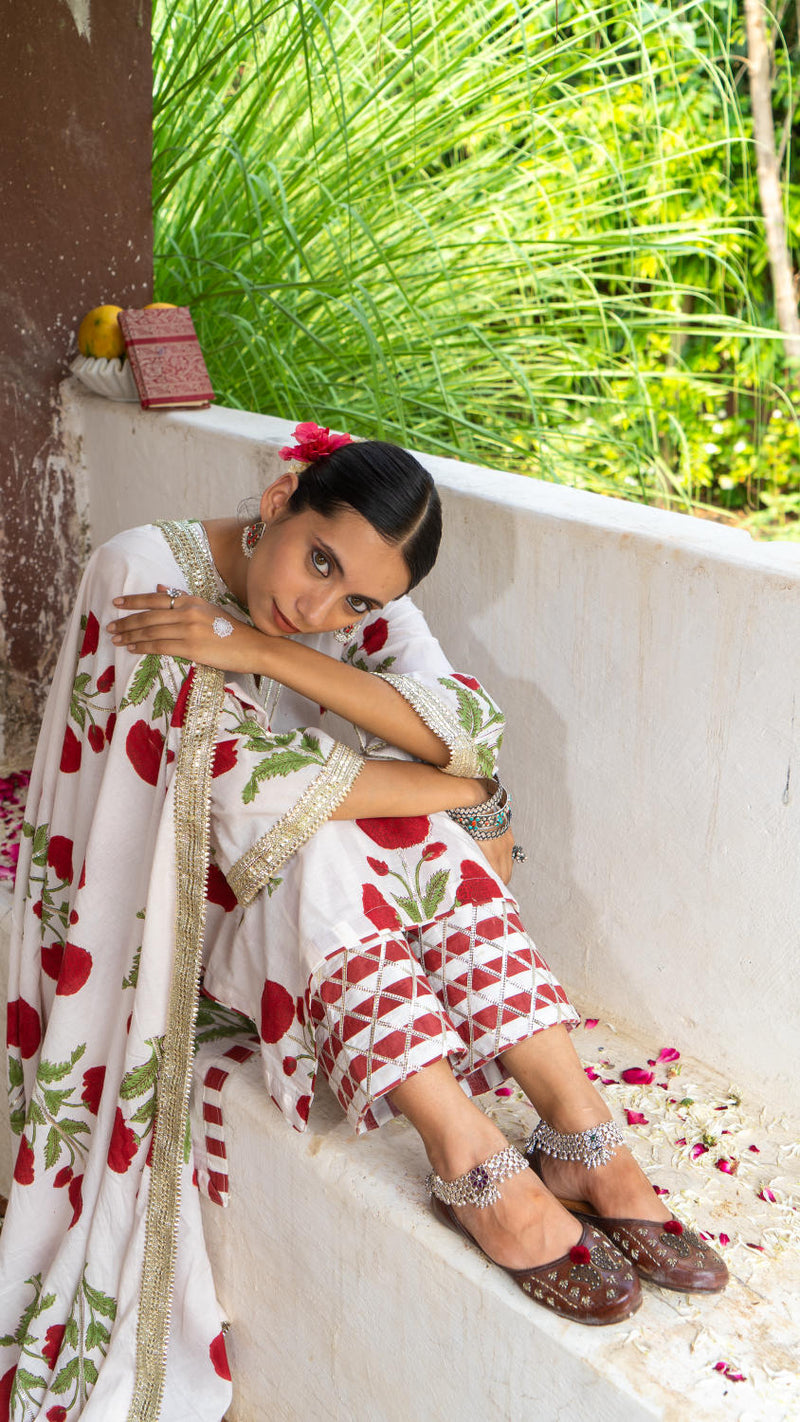 Saundh Red and White hand block printed mughal boota salwar set cotton by Maison Shefali in multi color for women Worldwide