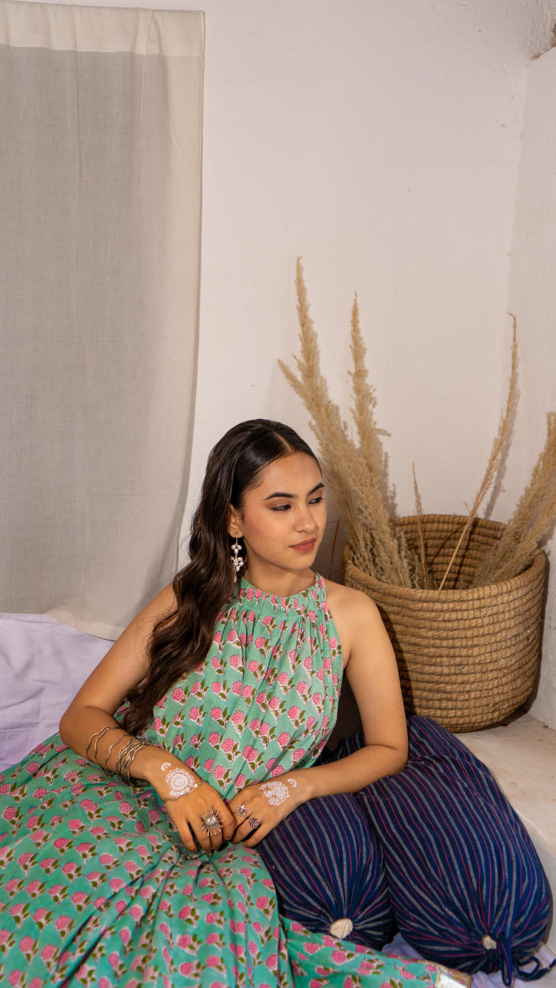 Saundh Pink and Blue Cotton hand block printed floral ghera dress cotton by Maison Shefali in multi color for women Worldwide