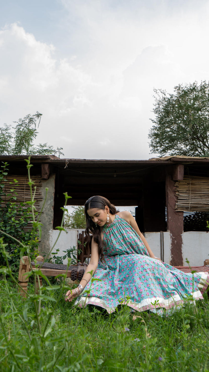 Saundh Pink and Blue Cotton hand block printed floral ghera dress cotton by Maison Shefali in multi color for women Worldwide