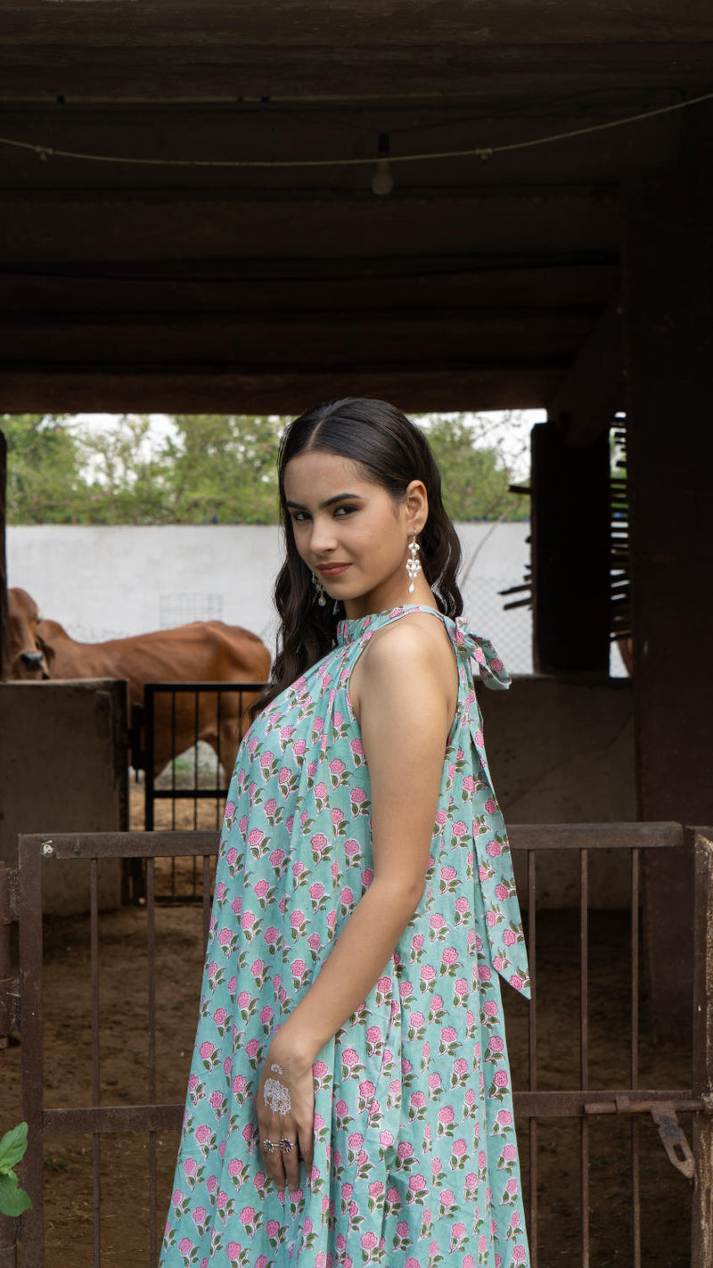 Saundh Pink and Blue Cotton hand block printed floral ghera dress cotton by Maison Shefali in multi color for women Worldwide