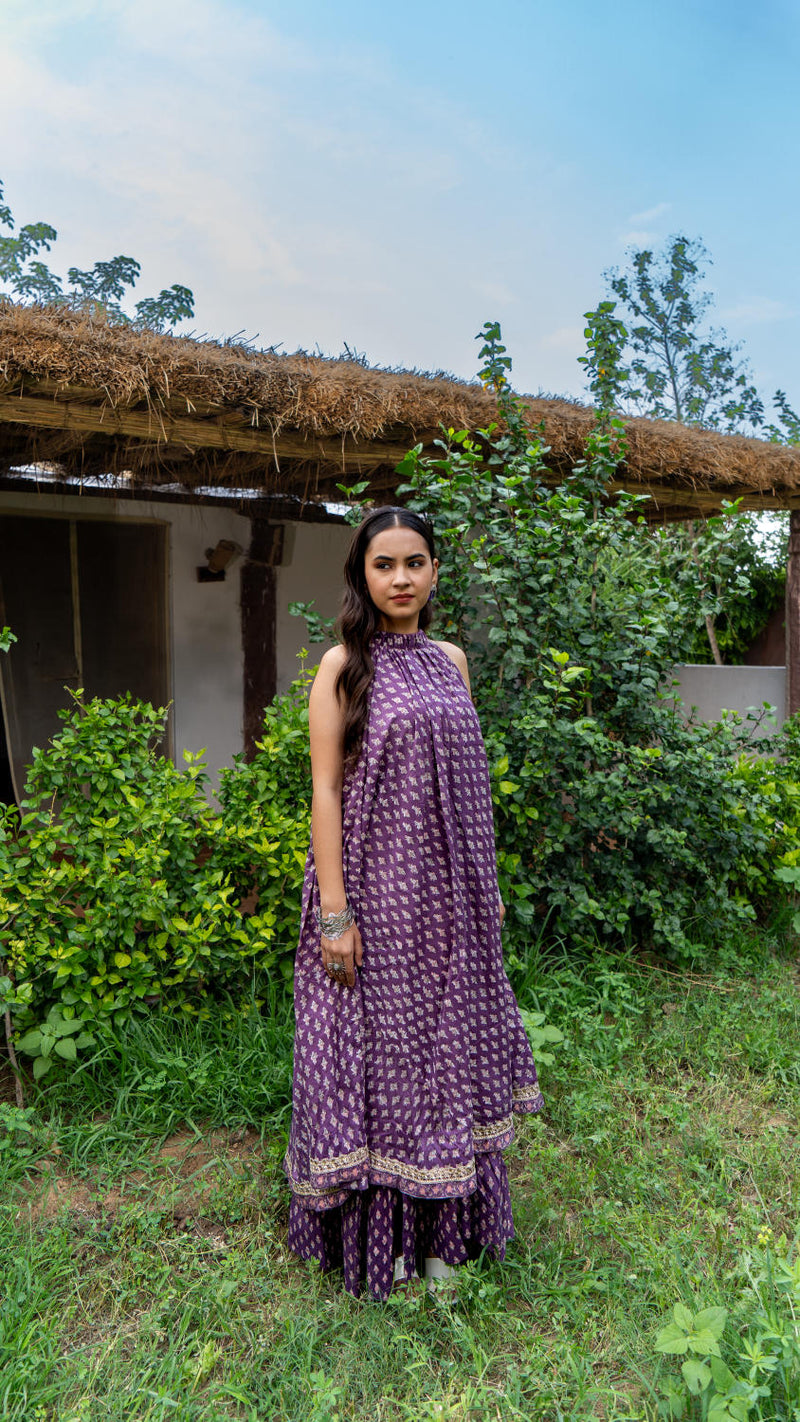 Saundh Purple and Peach Cotton block printed floral ghera dress cotton by Maison Shefali in multi color for women Worldwide