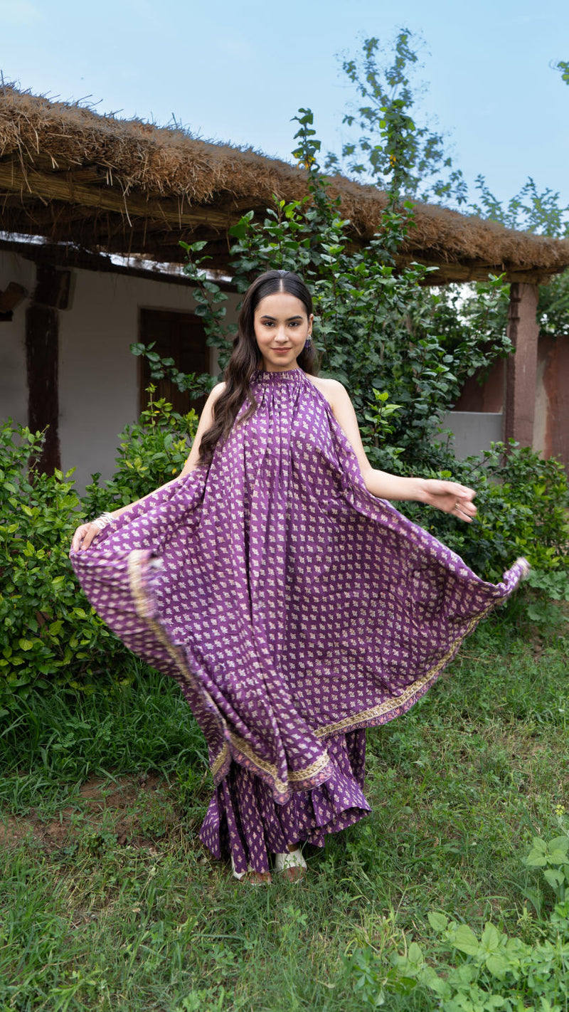 Saundh Purple and Peach Cotton block printed floral ghera dress cotton by Maison Shefali in multi color for women Worldwide