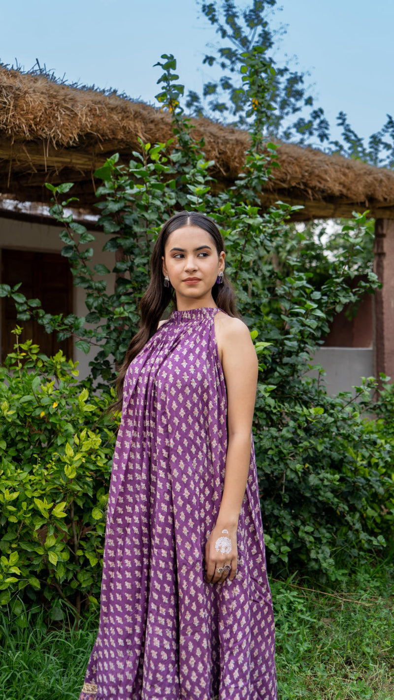 Saundh Purple and Peach Cotton block printed floral ghera dress cotton by Maison Shefali in multi color for women Worldwide
