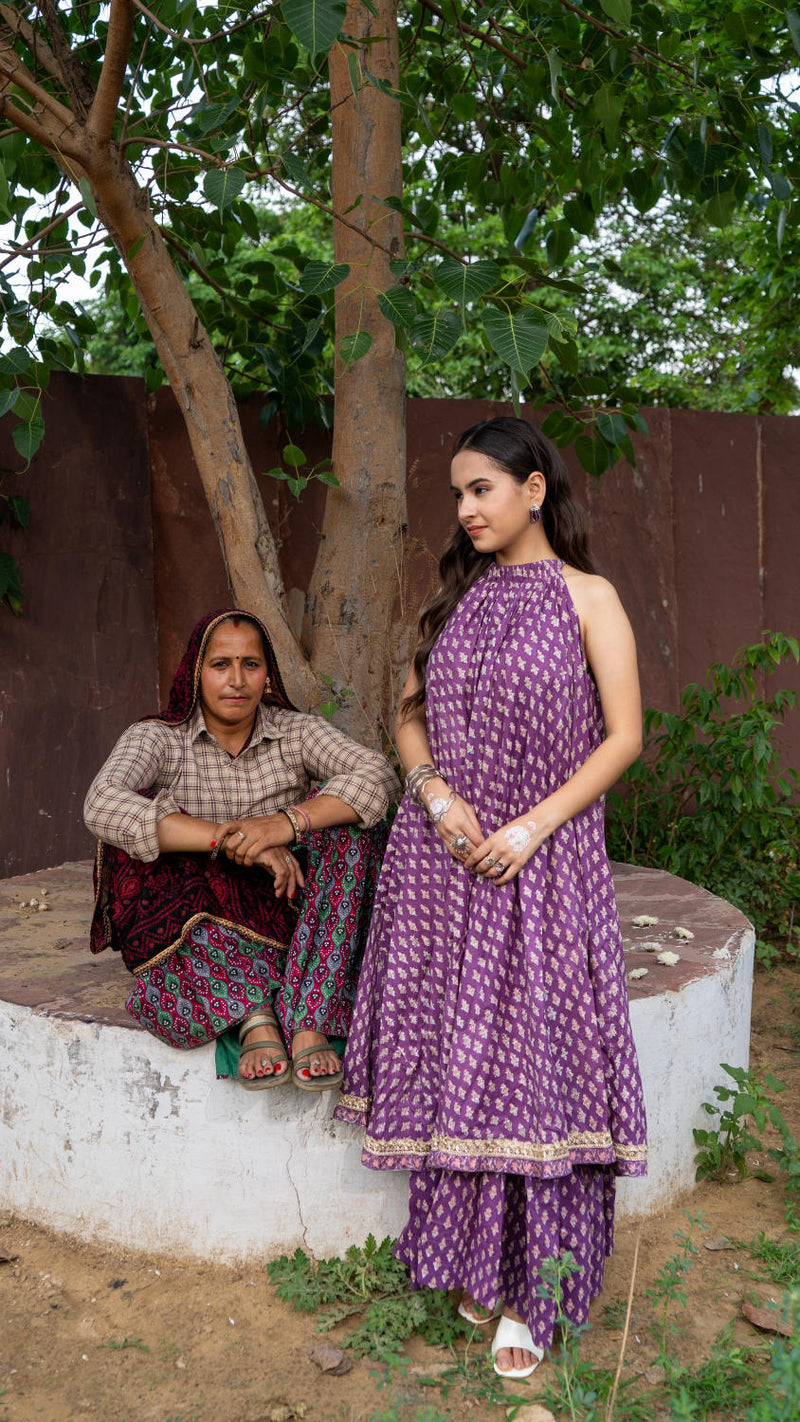 Saundh Purple and Peach Cotton block printed floral ghera dress cotton by Maison Shefali in multi color for women Worldwide