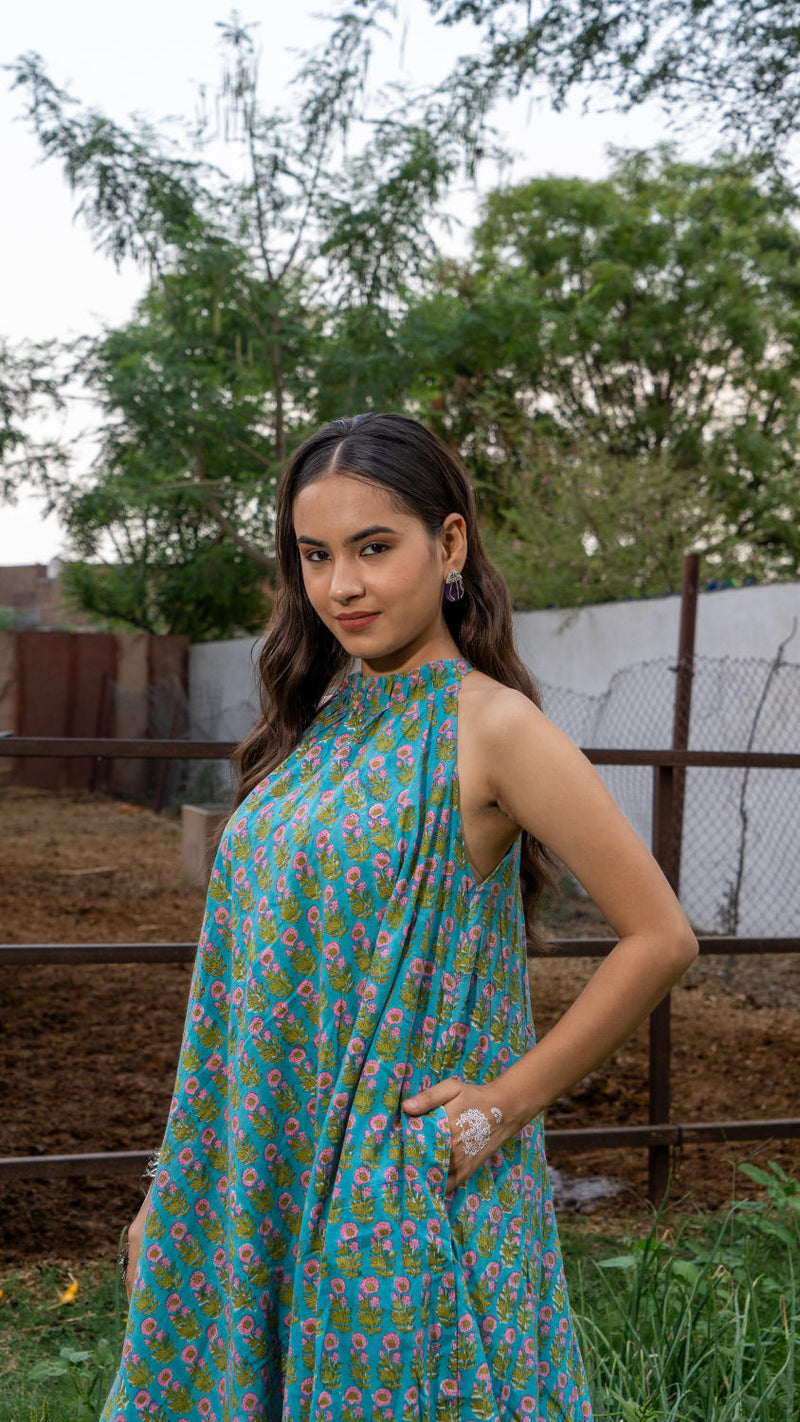 Saundh Sea Green and Pink Cotton hand block printed floral ghera dress cotton by Maison Shefali in multi color for women Worldwide