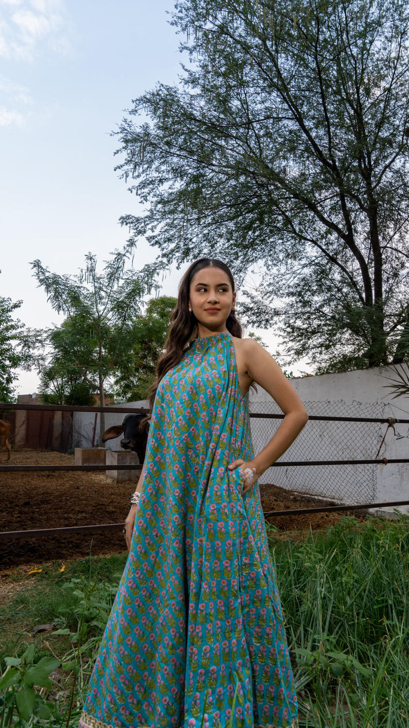 Saundh Sea Green and Pink Cotton hand block printed floral ghera dress cotton by Maison Shefali in multi color for women Worldwide