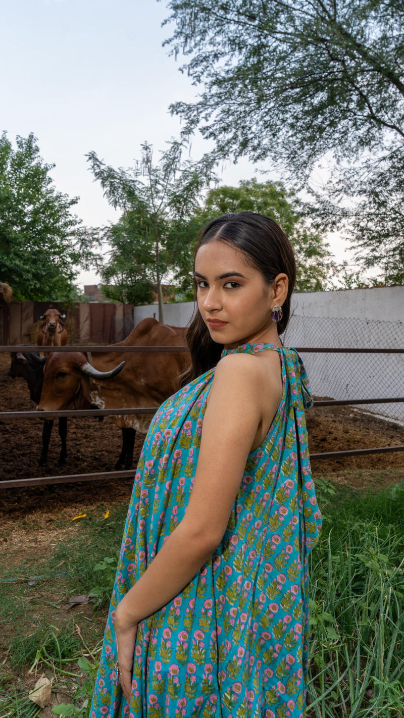 Saundh Sea Green and Pink Cotton hand block printed floral ghera dress cotton by Maison Shefali in multi color for women Worldwide