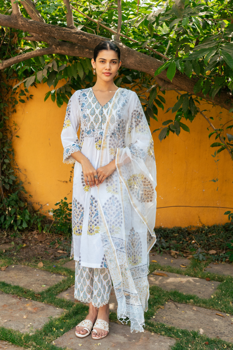 Ivory and Blue Hand Block Printed Kurta Set (MSSS24BGKS) mul by Maison Shefali in multi color for women Worldwide