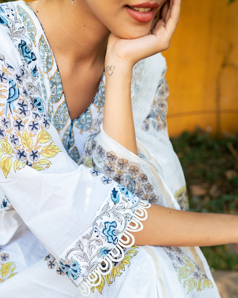 Ivory and Blue Hand Block Printed Kurta Set (MSSS24BGKS) mul by Maison Shefali in multi color for women Worldwide