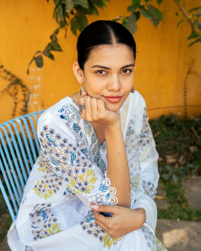 Ivory and Blue Hand Block Printed Kurta Set (MSSS24BGKS) mul by Maison Shefali in multi color for women Worldwide