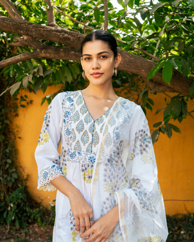Ivory and Blue Hand Block Printed Kurta Set (MSSS24BGKS) mul by Maison Shefali in multi color for women Worldwide