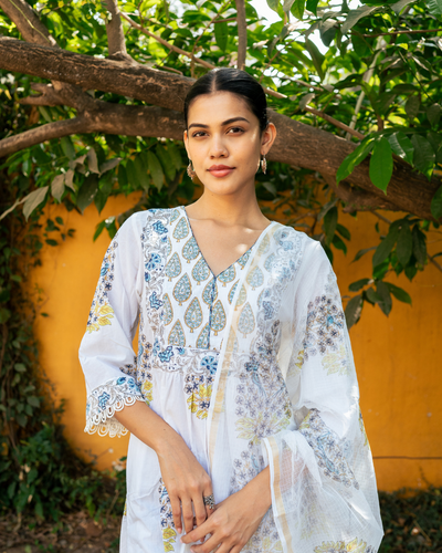 Ivory and Blue Hand Block Printed Kurta Set (MSSS24BGKS)