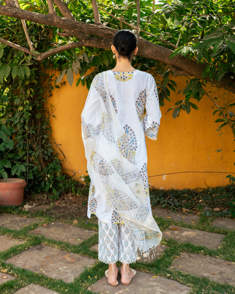 Ivory and Blue Hand Block Printed Kurta Set (MSSS24BGKS) mul by Maison Shefali in multi color for women Worldwide