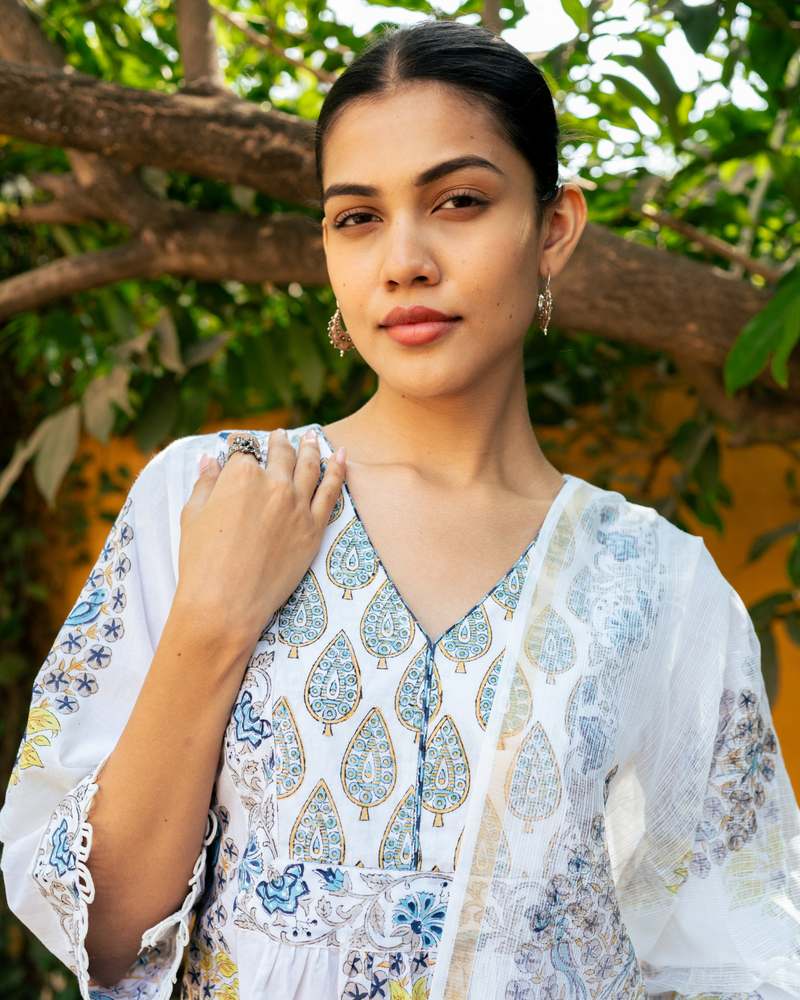 Ivory and Blue Hand Block Printed Kurta Set (MSSS24BGKS) mul by Maison Shefali in multi color for women Worldwide