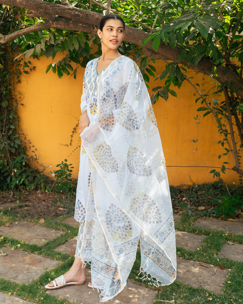 Ivory and Blue Hand Block Printed Kurta Set (MSSS24BGKS) mul by Maison Shefali in multi color for women Worldwide