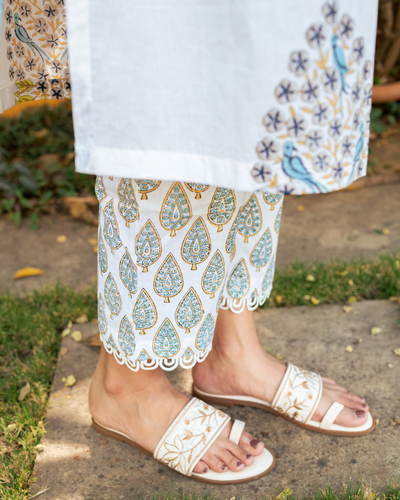 Ivory and Blue Hand Block Printed Kurta Set (MSSS24BGKS) mul by Maison Shefali in multi color for women Worldwide