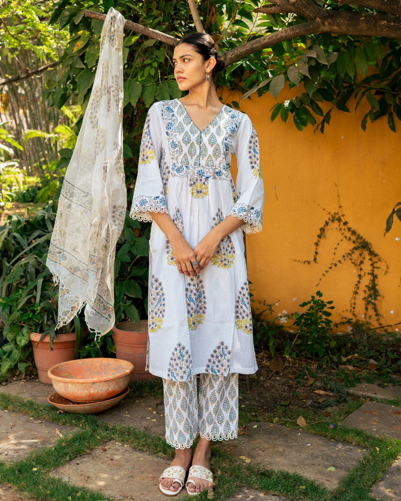 Ivory and Blue Hand Block Printed Kurta Set (MSSS24BGKS) mul by Maison Shefali in multi color for women Worldwide