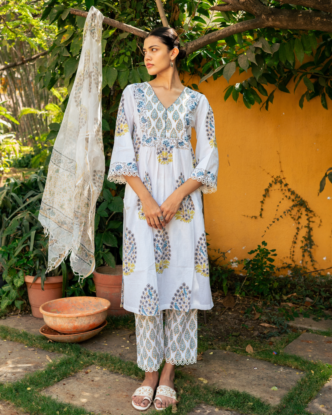 Ivory and Blue Hand Block Printed Kurta Set (MSSS24BGKS)