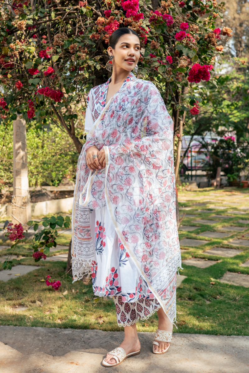 Ivory and Pink Hand Block Printed Suit Set mul by Maison Shefali in multi color for women Worldwide