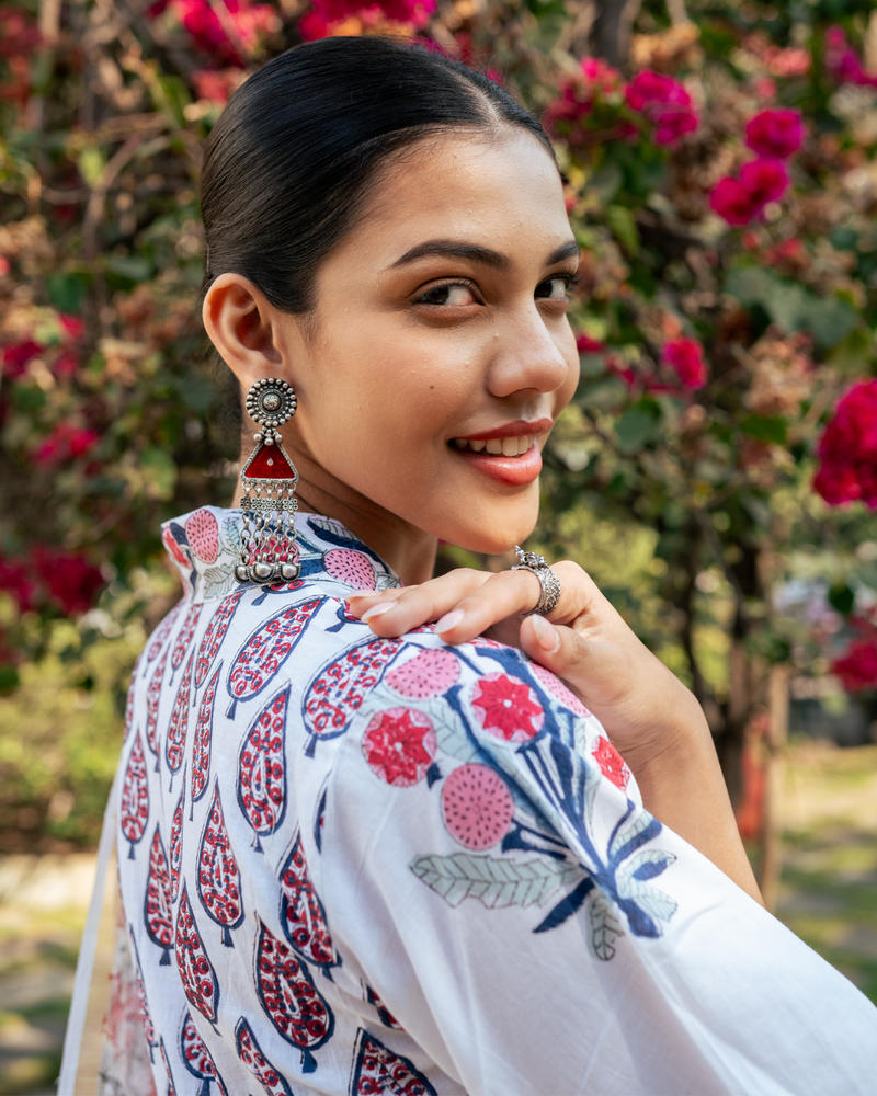 Ivory and Pink Hand Block Printed Suit Set mul by Maison Shefali in multi color for women Worldwide