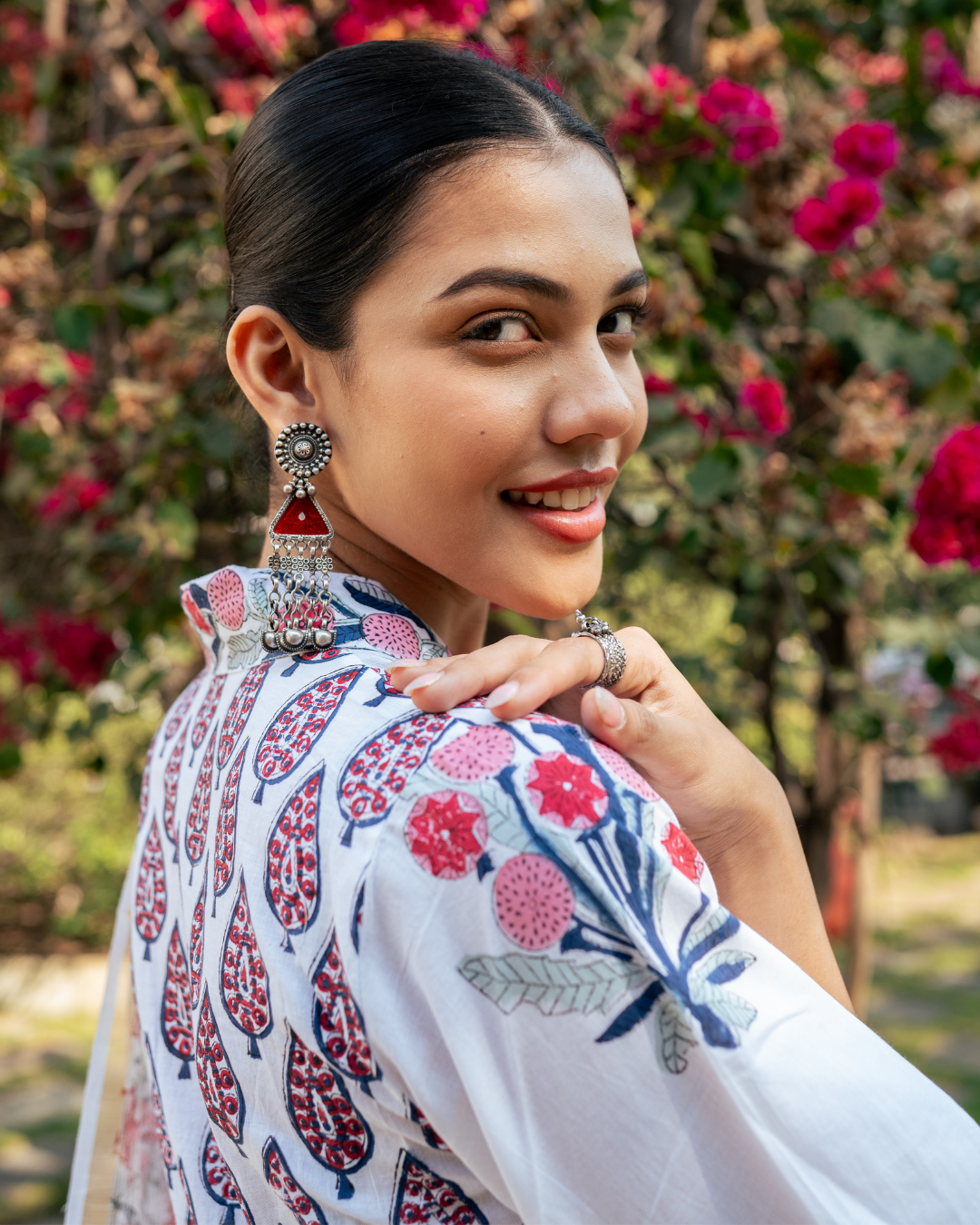 Ivory and Pink Hand Block Printed Suit Set