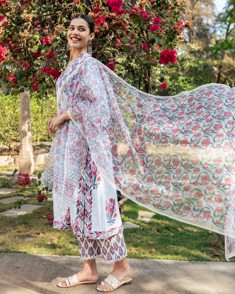 Ivory and Pink Hand Block Printed Suit Set mul by Maison Shefali in multi color for women Worldwide
