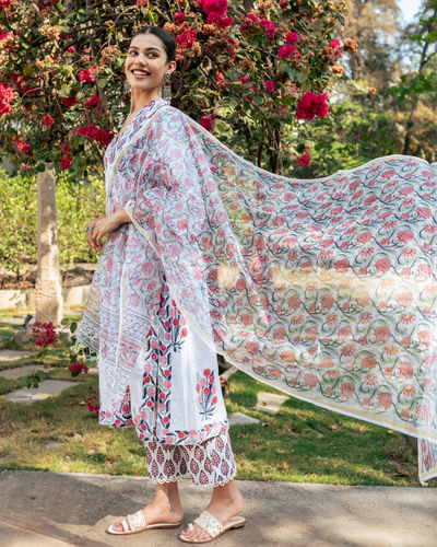 Ivory and Pink Hand Block Printed Suit Set