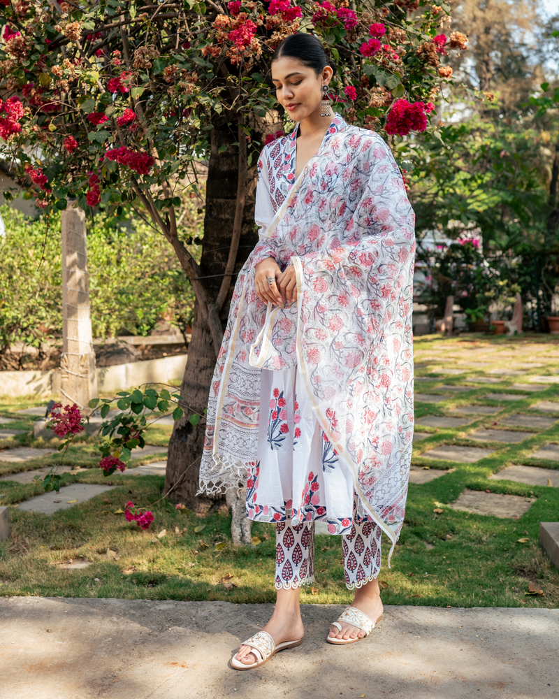 Ivory and Pink Hand Block Printed Suit Set mul by Maison Shefali in multi color for women Worldwide