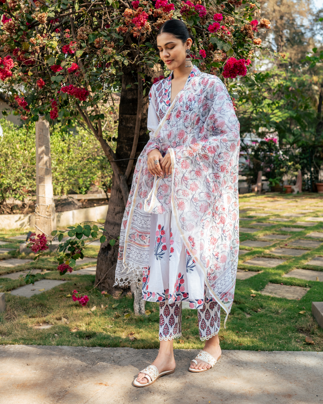 Ivory and Pink Hand Block Printed Suit Set