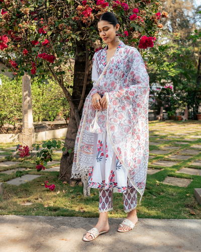 Ivory and Pink Hand Block Printed Suit Set