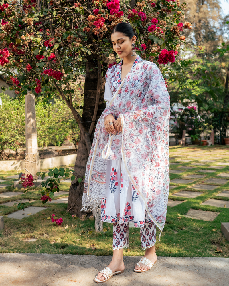 Ivory and Pink Hand Block Printed Suit Set mul by Maison Shefali in multi color for women Worldwide