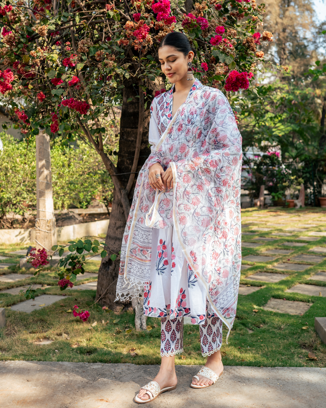 Ivory and Pink Hand Block Printed Suit Set