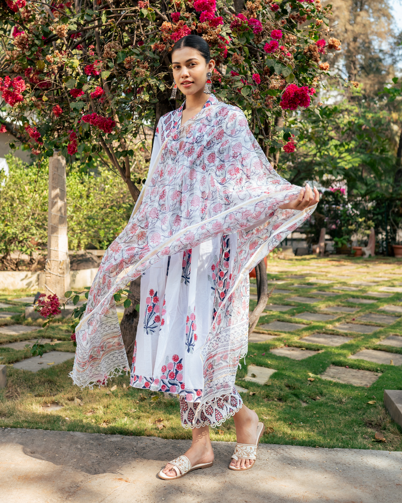 Ivory and Pink Hand Block Printed Suit Set mul by Maison Shefali in multi color for women Worldwide