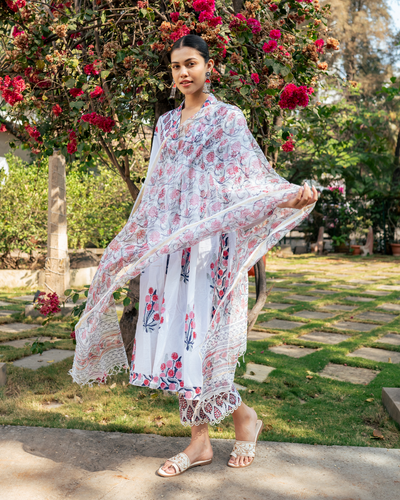 Ivory and Pink Hand Block Printed Suit Set