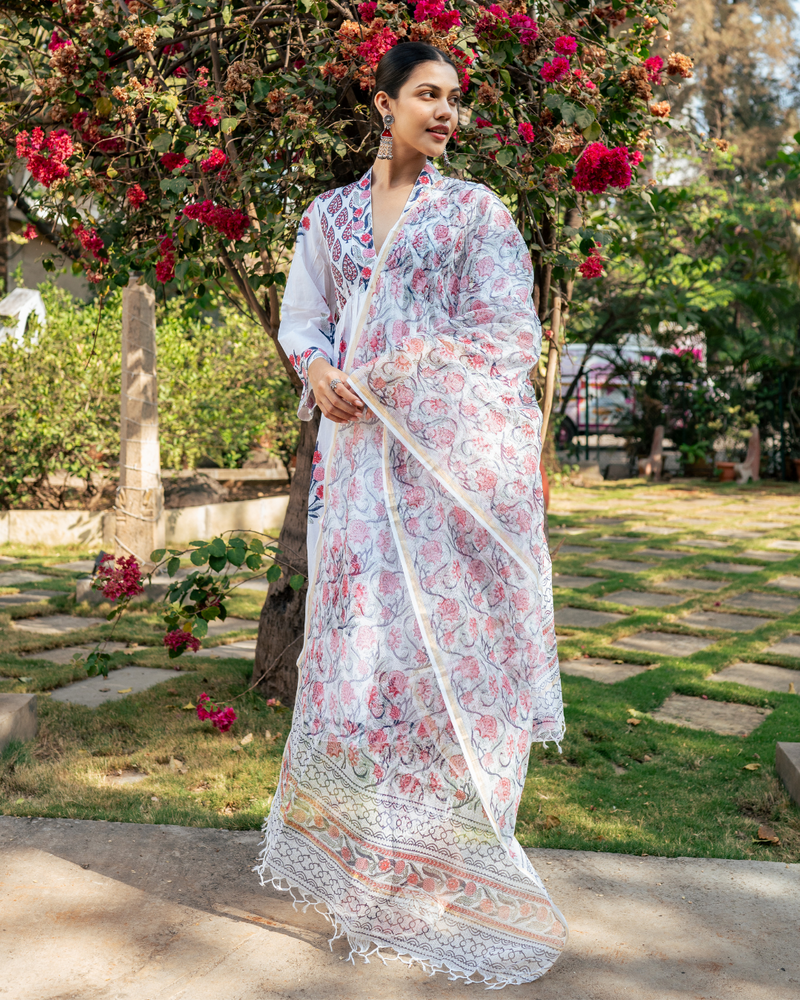 Ivory and Pink Hand Block Printed Suit Set mul by Maison Shefali in multi color for women Worldwide