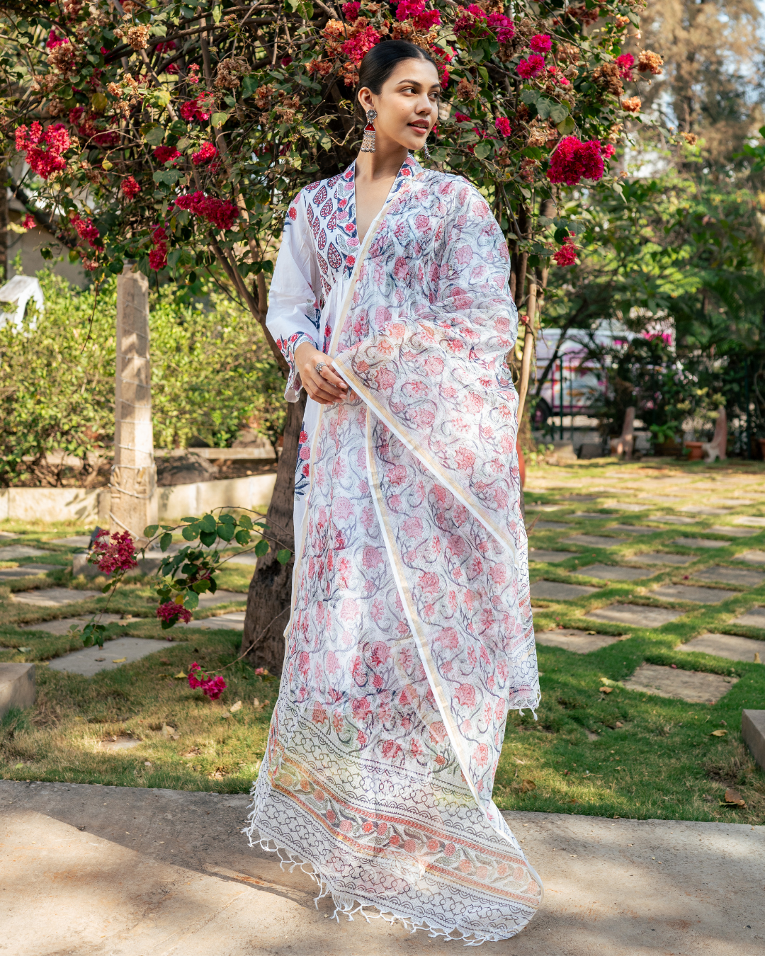 Ivory and Pink Hand Block Printed Suit Set