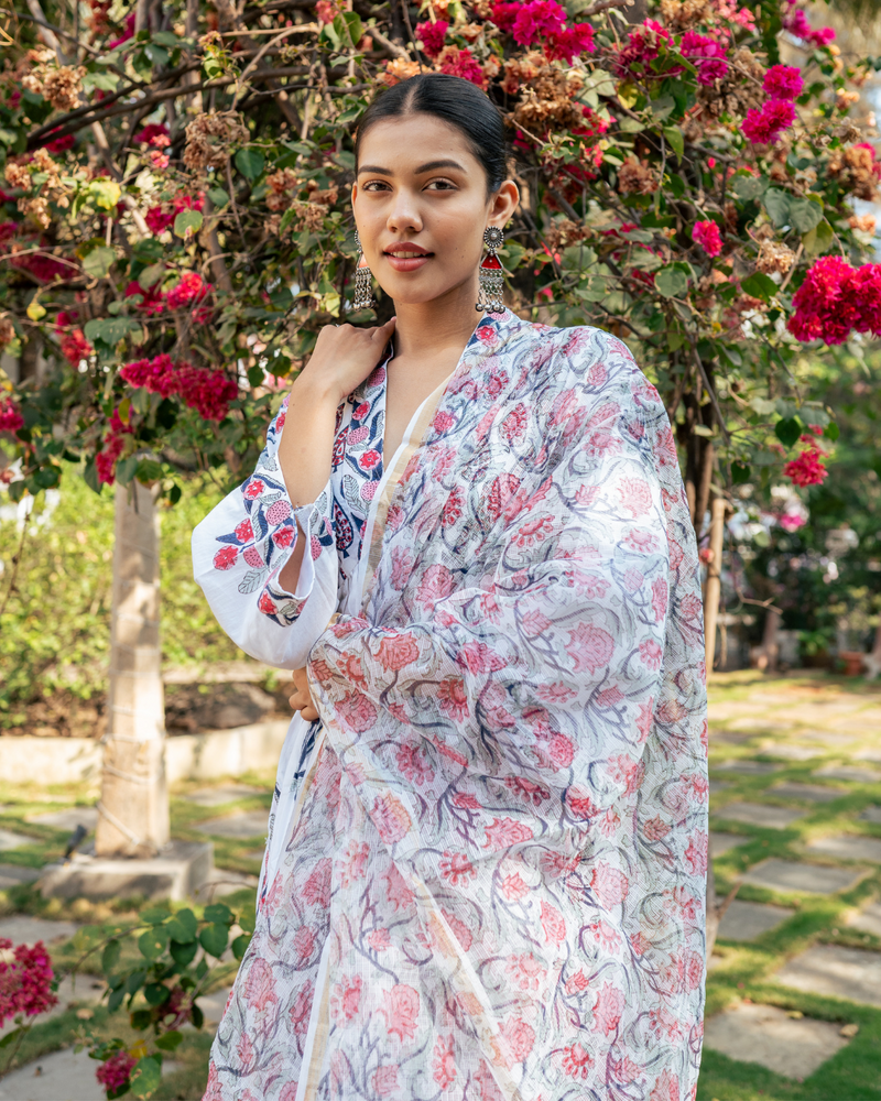 Ivory and Pink Hand Block Printed Suit Set mul by Maison Shefali in multi color for women Worldwide