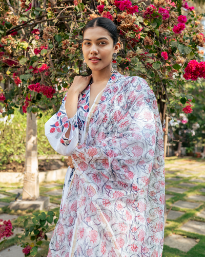 Ivory and Pink Hand Block Printed Suit Set