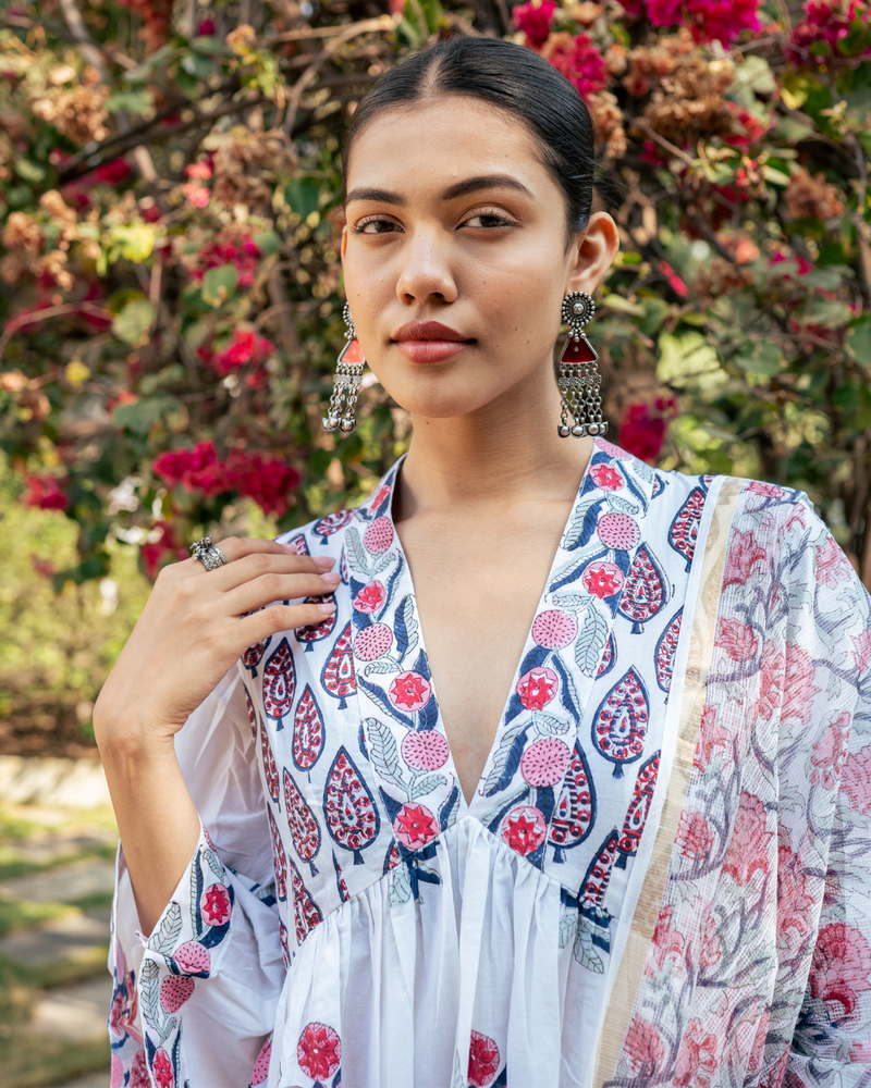 Ivory and Pink Hand Block Printed Suit Set mul by Maison Shefali in multi color for women Worldwide
