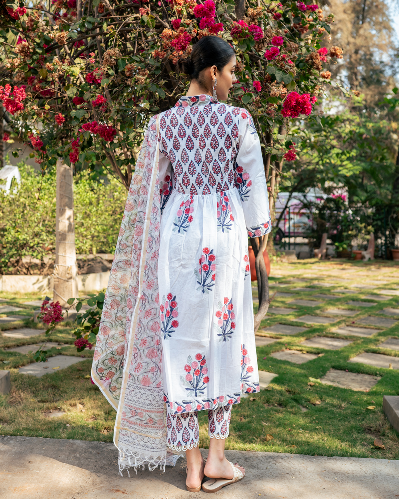 Ivory and Pink Hand Block Printed Suit Set mul by Maison Shefali in multi color for women Worldwide