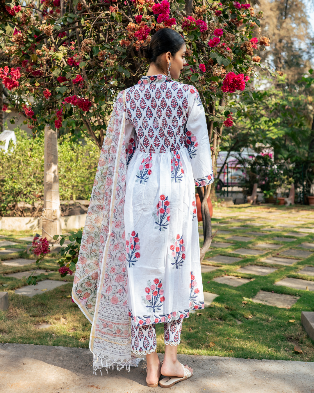 Ivory and Pink Hand Block Printed Suit Set