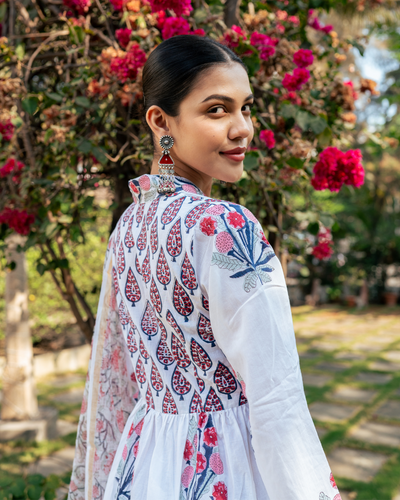 Ivory and Pink Hand Block Printed Suit Set