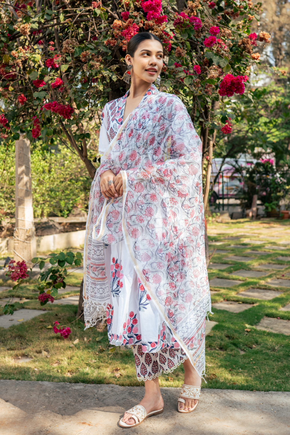 Ivory and Pink Hand Block Printed Suit Set