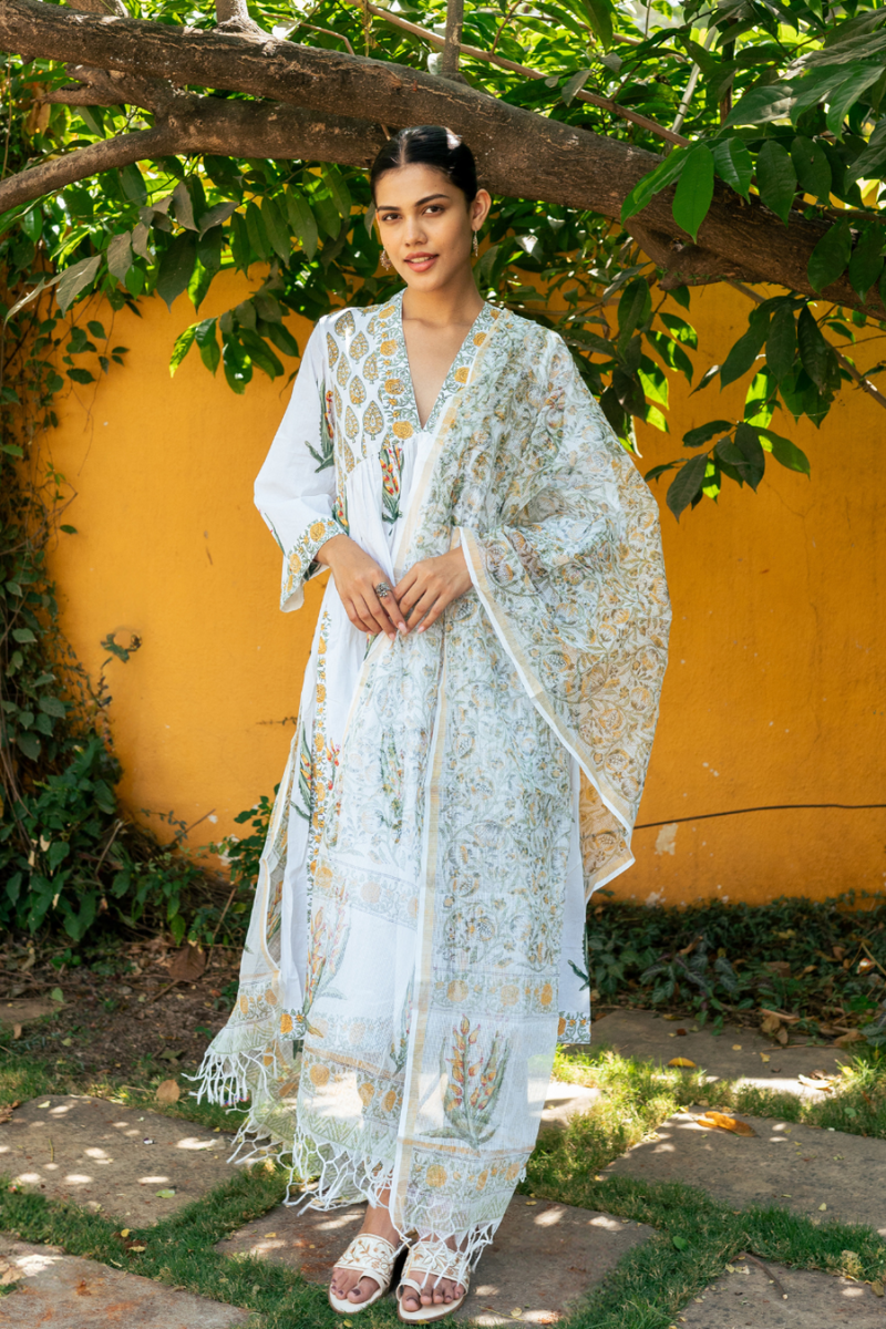 Ivory and Yellow Hand Block Printed Suit Set mul by Maison Shefali in multi color for women Worldwide