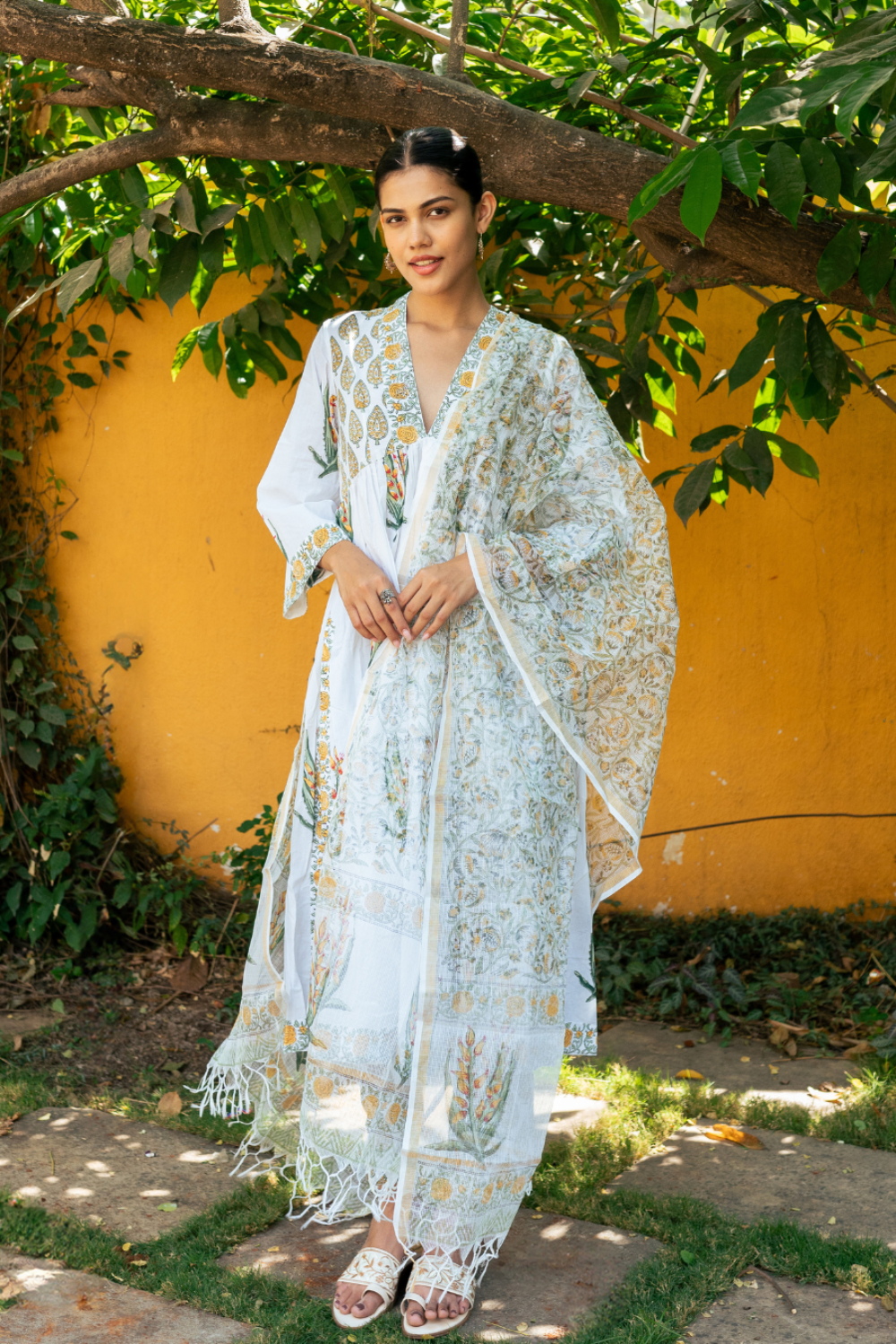 Ivory and Yellow Hand Block Printed Suit Set