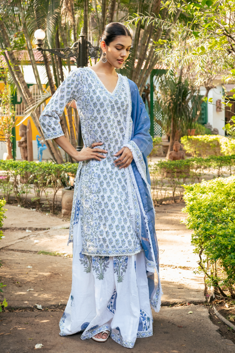Ivory and Blue Hand Block Printed Skirt Set mul by Maison Shefali in multi color for women Worldwide
