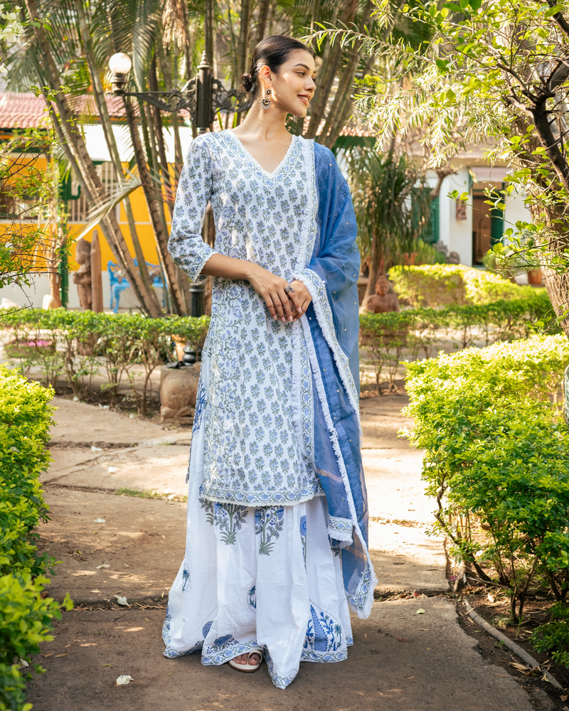 Ivory and Blue Hand Block Printed Skirt Set mul by Maison Shefali in multi color for women Worldwide