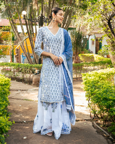 Ivory and Blue Hand Block Printed Skirt Set